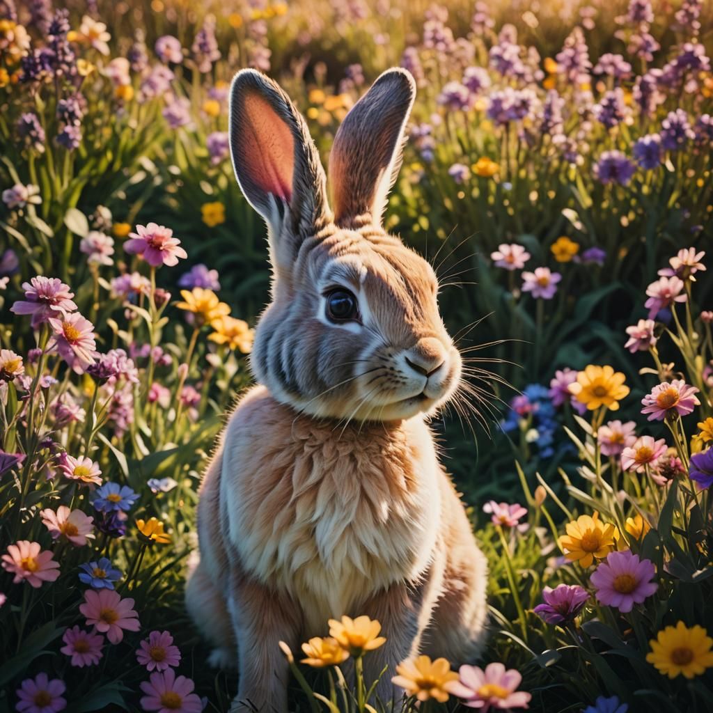 Cute Easter Bunny in a Flower Field