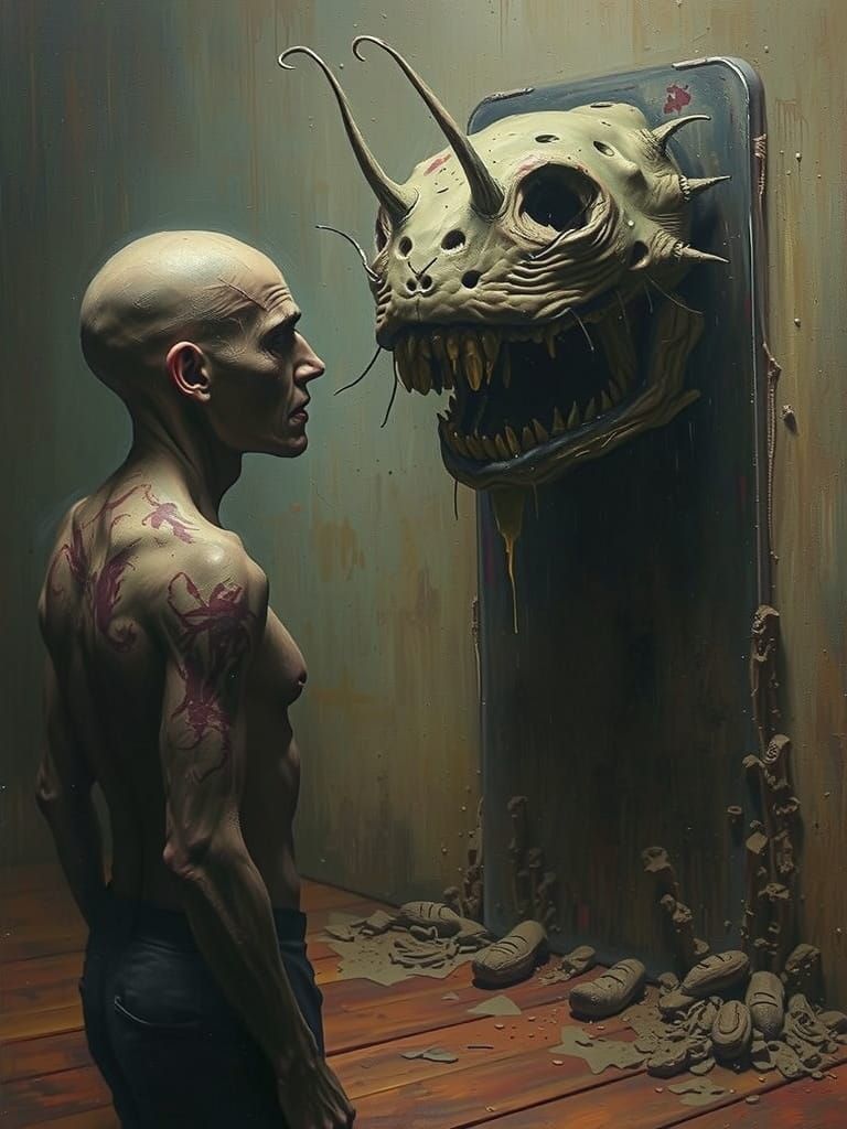 Surreal Asylum Patient's Reflection in Mirror