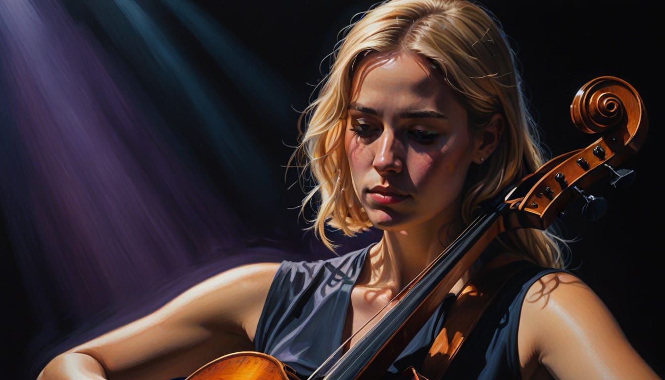 Woman Playing Cello in Surreal Oil Painting