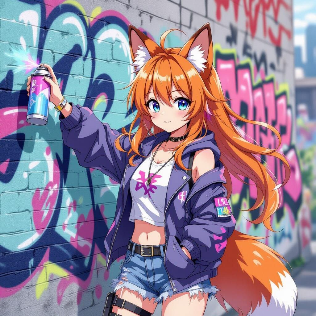Anime Fox Girl Spraying Graffiti in Manga Style