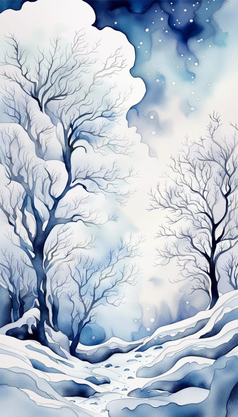 Winter Landscape with Snow-Covered Trees in Watercolor