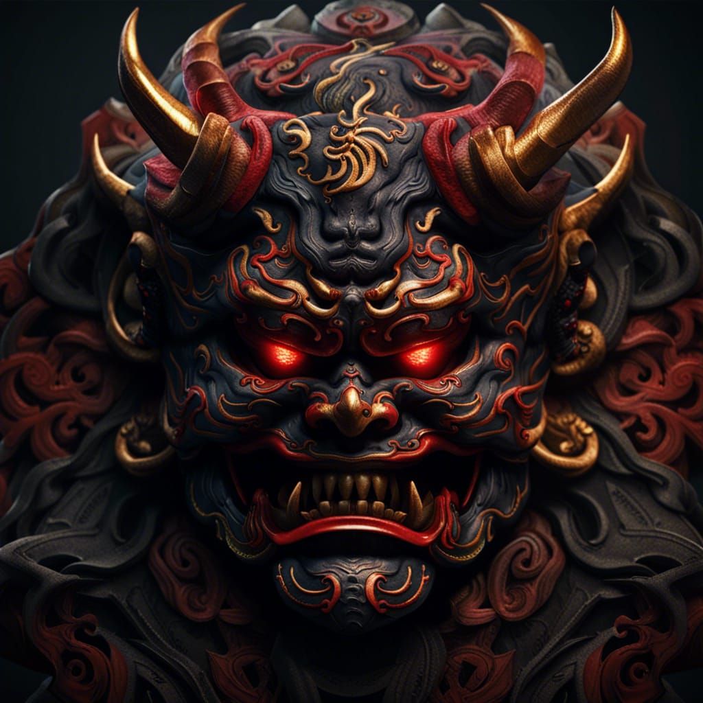 Dark Fantasy Oni Mask Tattoo in Deep Color