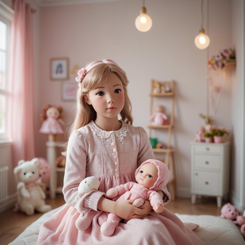 Pink Doll Holding Baby in Modern Nursery Photo