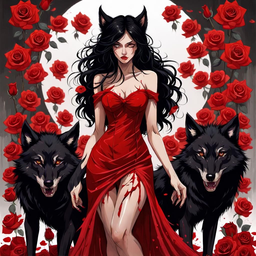 Wolf Woman in Roses with Red Streaks
