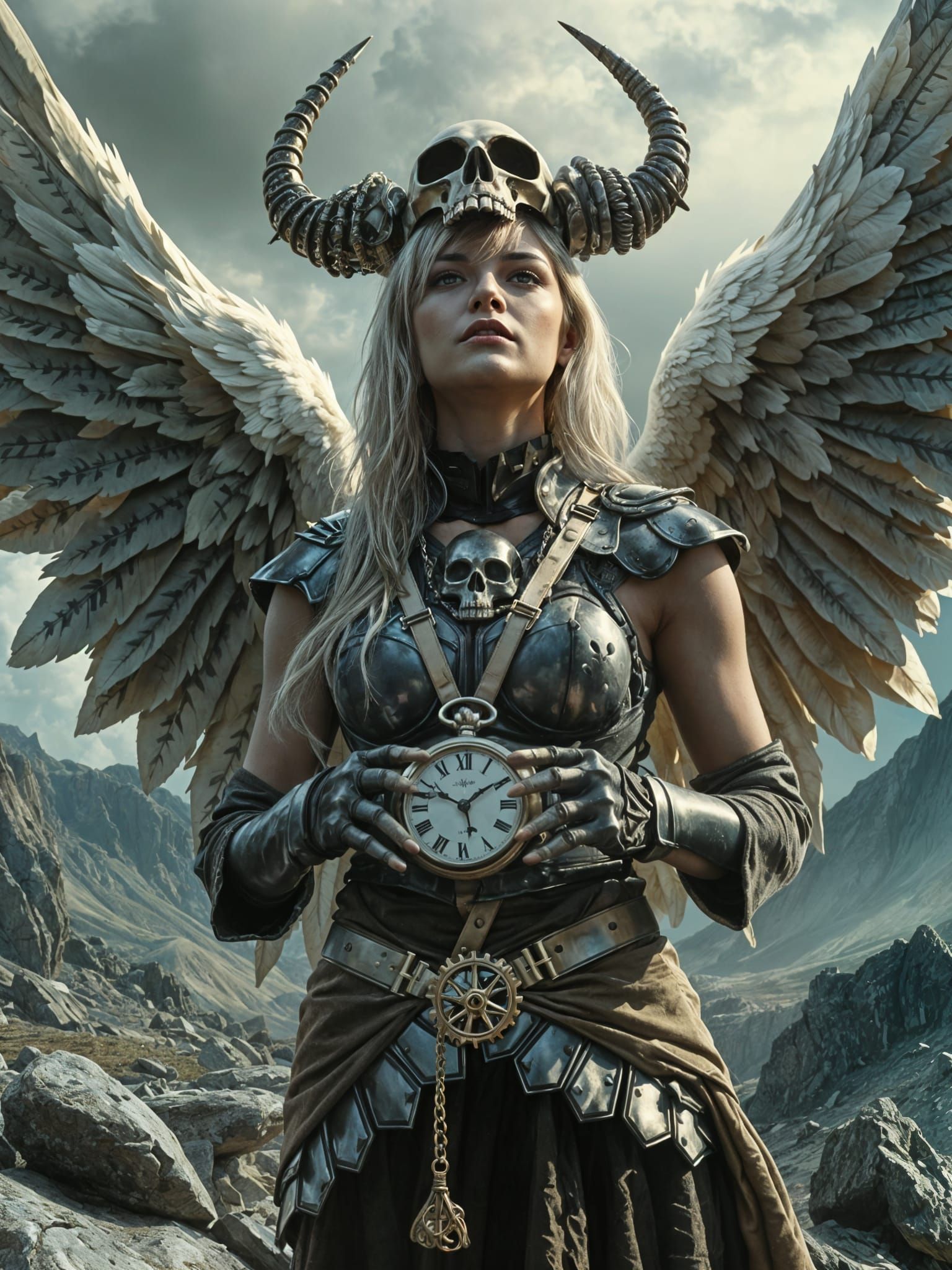 Angel Valkyrie of Death in Dieselpunk Landscape