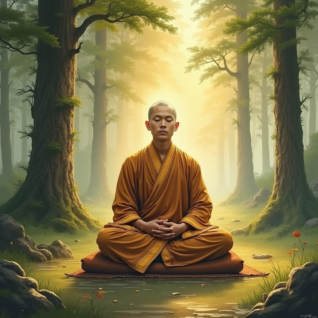 Meditating Buddhist Monk in Forest, Ink Wash Painting