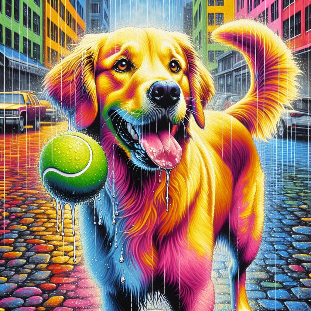Happy Golden Retriever in Rainy Pop Art Fusion