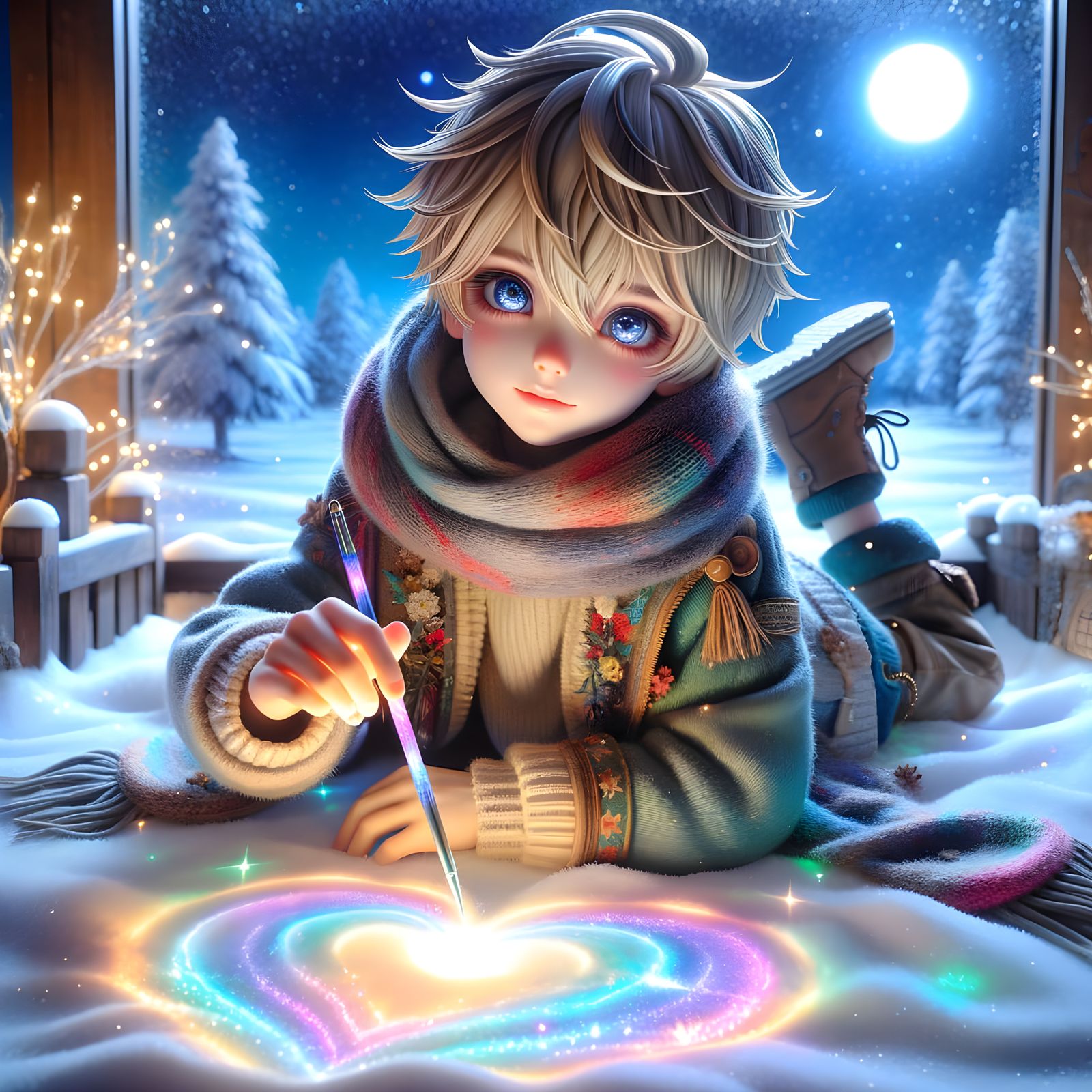 Lifelike Boy Creates Glowing Heart in Winter Wonderland