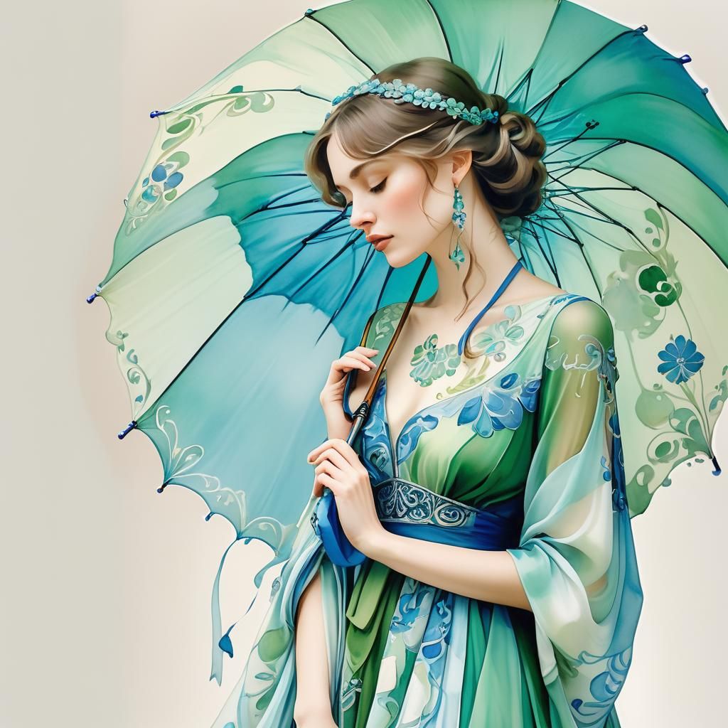 Art Nouveau Woman with Umbrella in Watercolor Style
