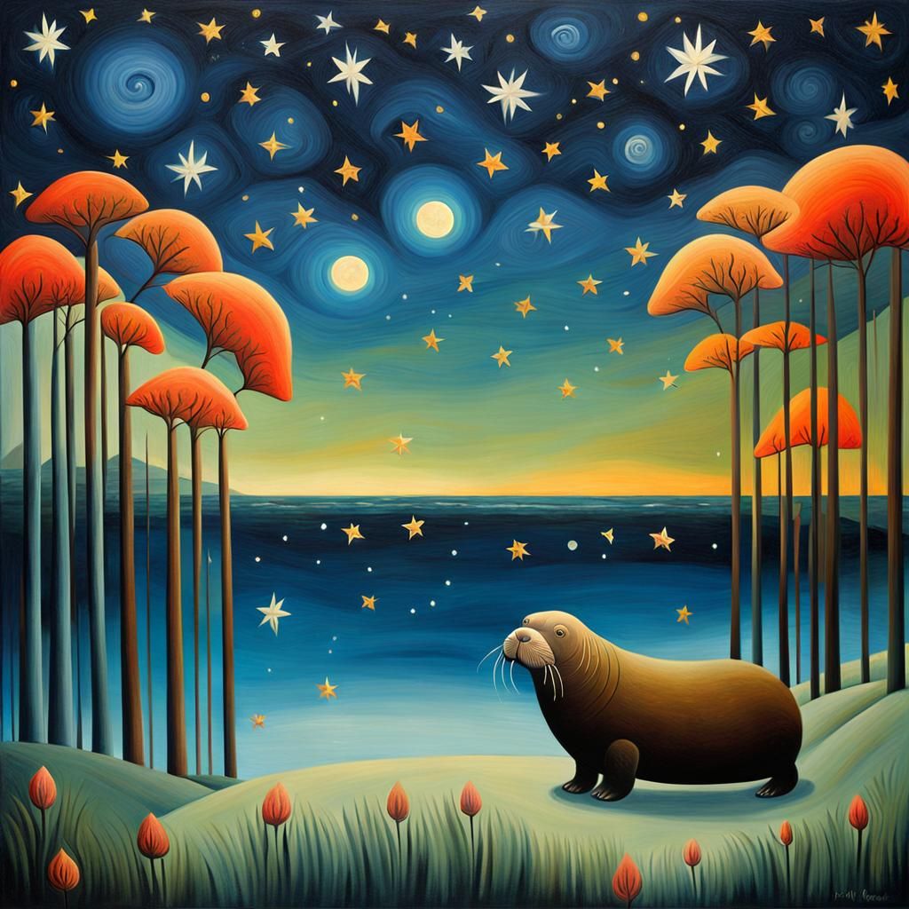 Whimsical Walrus Portrait Under Starry Sky