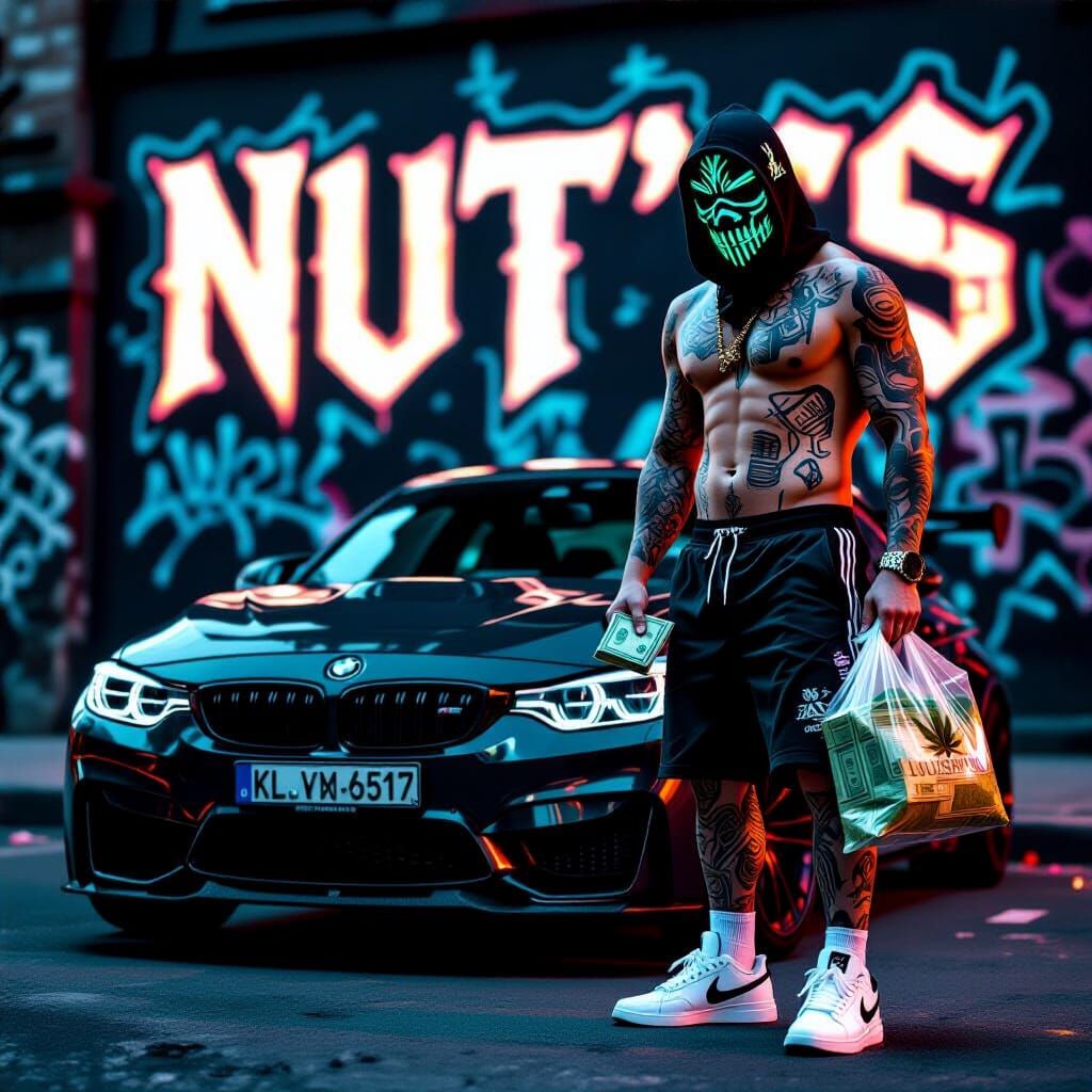 Cyberpunk Hacker with Slavic Tattoos and BMW