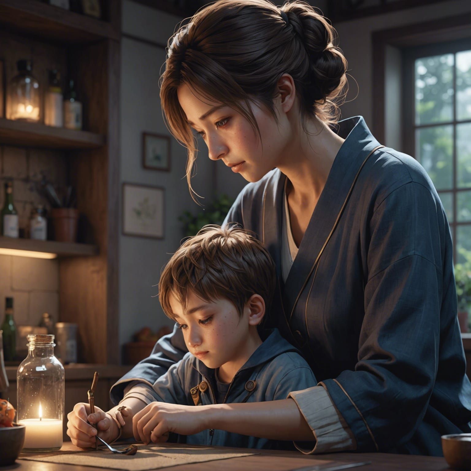 Mother and Son in Magical Anime Art Style