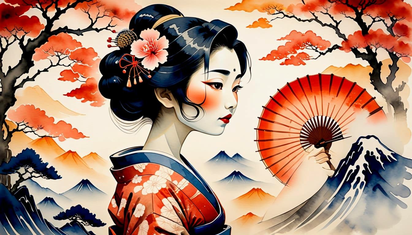 Geisha Double Exposure in Batik Watercolor Style