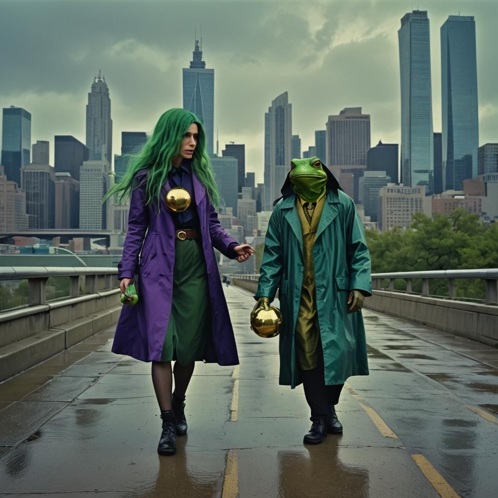 Lizard Woman and Frog Man in Cityscape