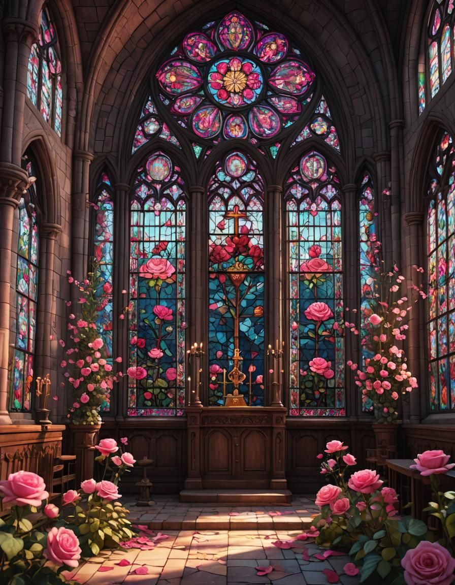 Stained Glass Church with Pink Roses: Fantasy Art