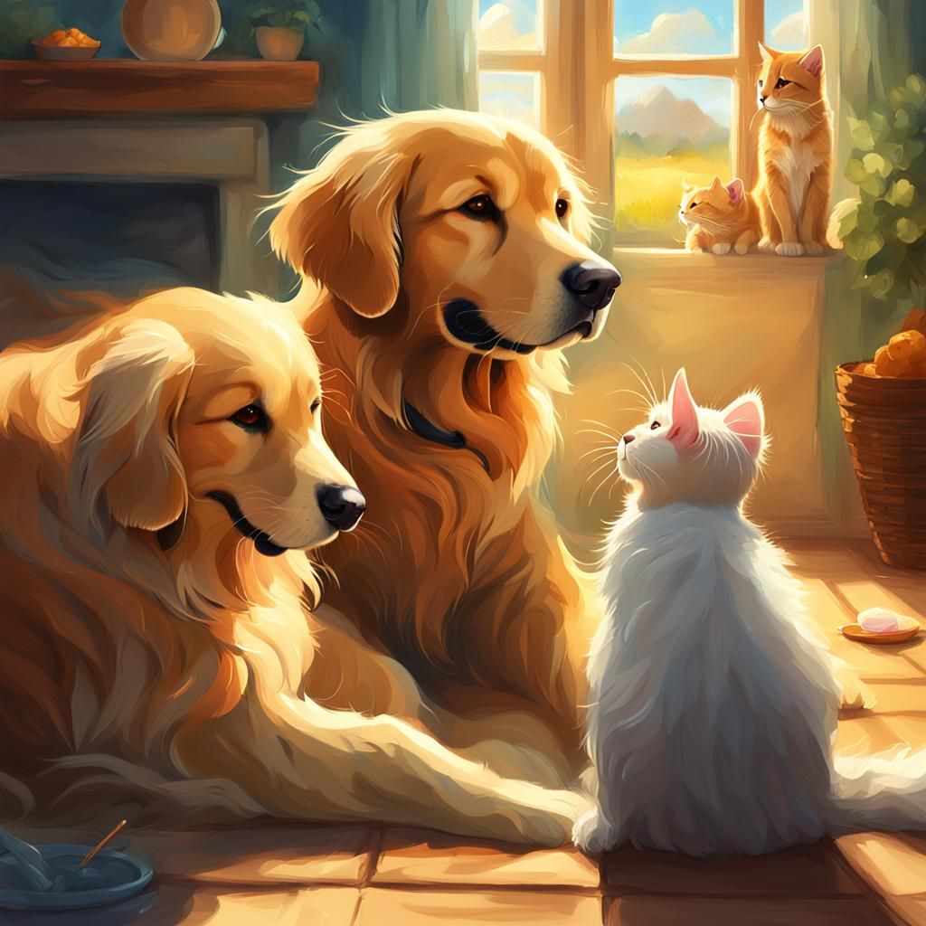 Golden Retriever Watches Cat in Digital Art