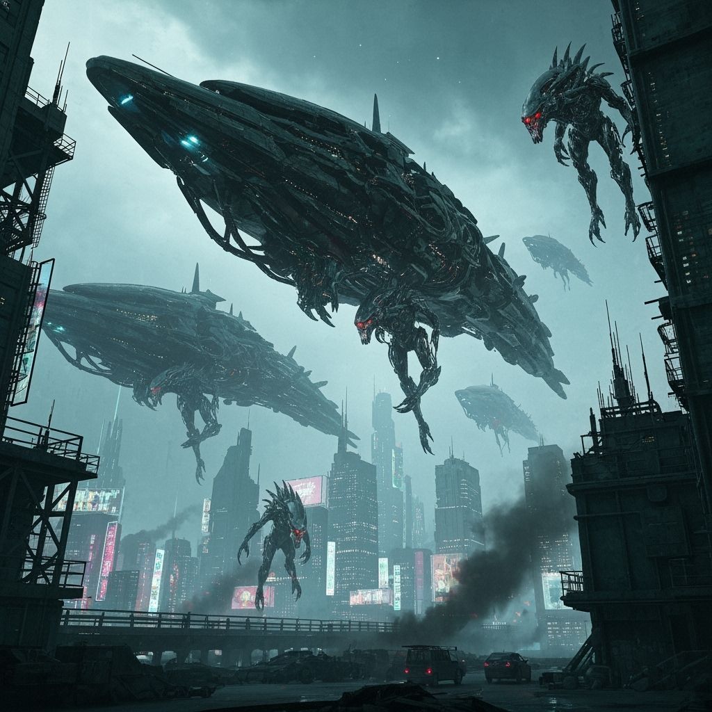 Futuristic Cityscape Under Alien Attack in Cyberpunk Style