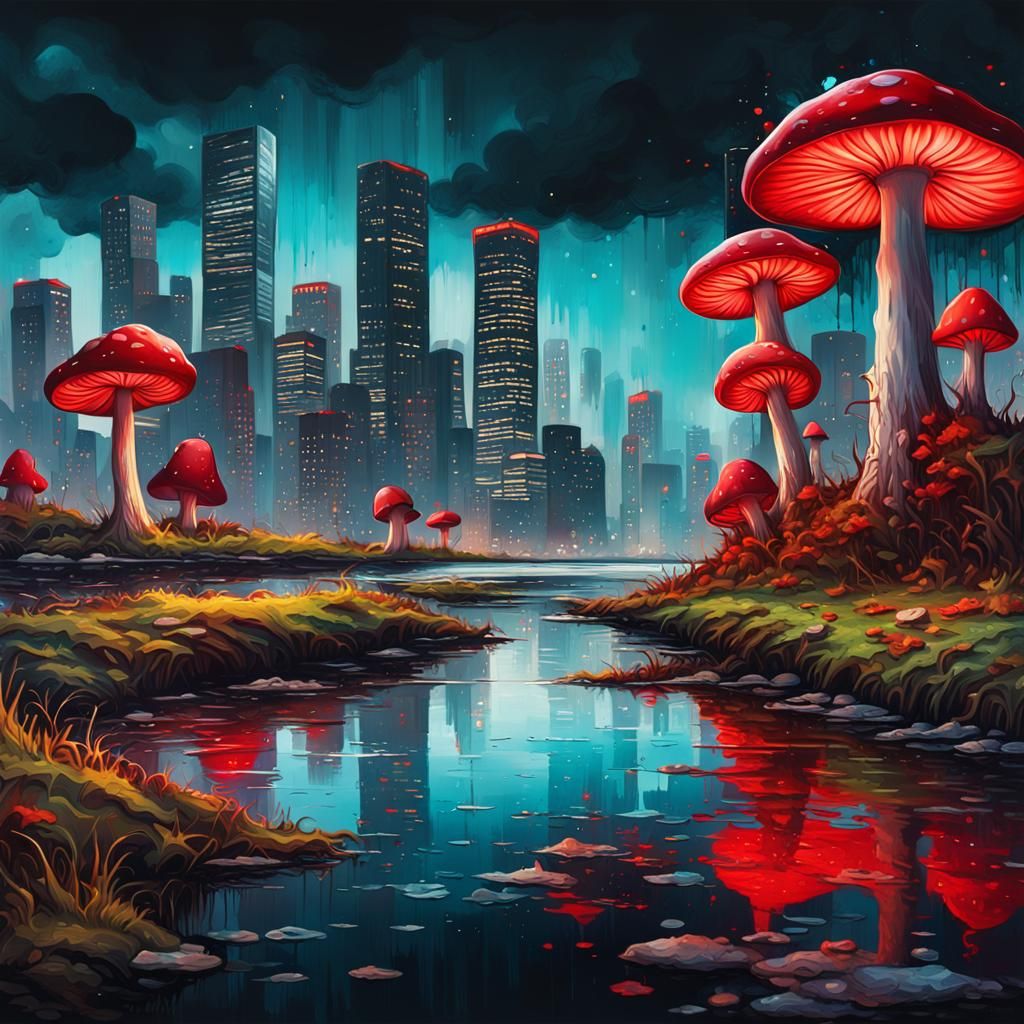 Vibrant Night Cityscape with Giant Red Mushrooms