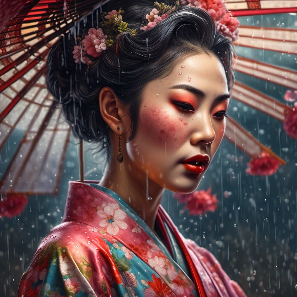 Hyperrealistic Geisha Portrait in the Rain