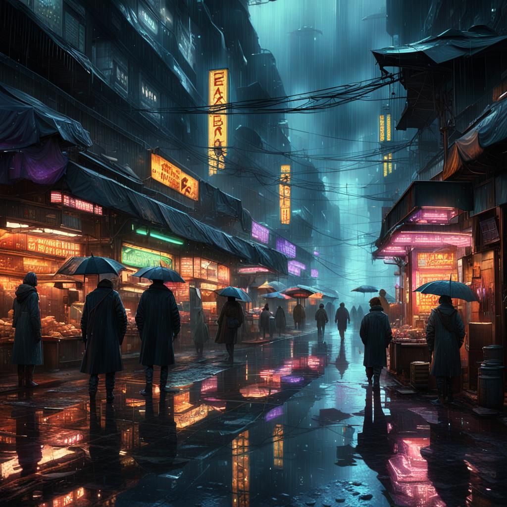 Cyberpunk City Market with Neon Reflections