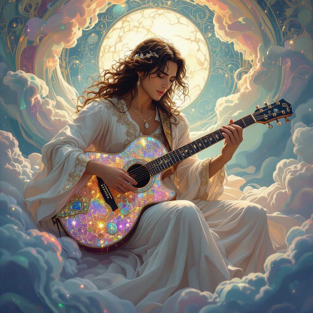 Ethereal Guitarist Playing Music in Art Nouveau Style