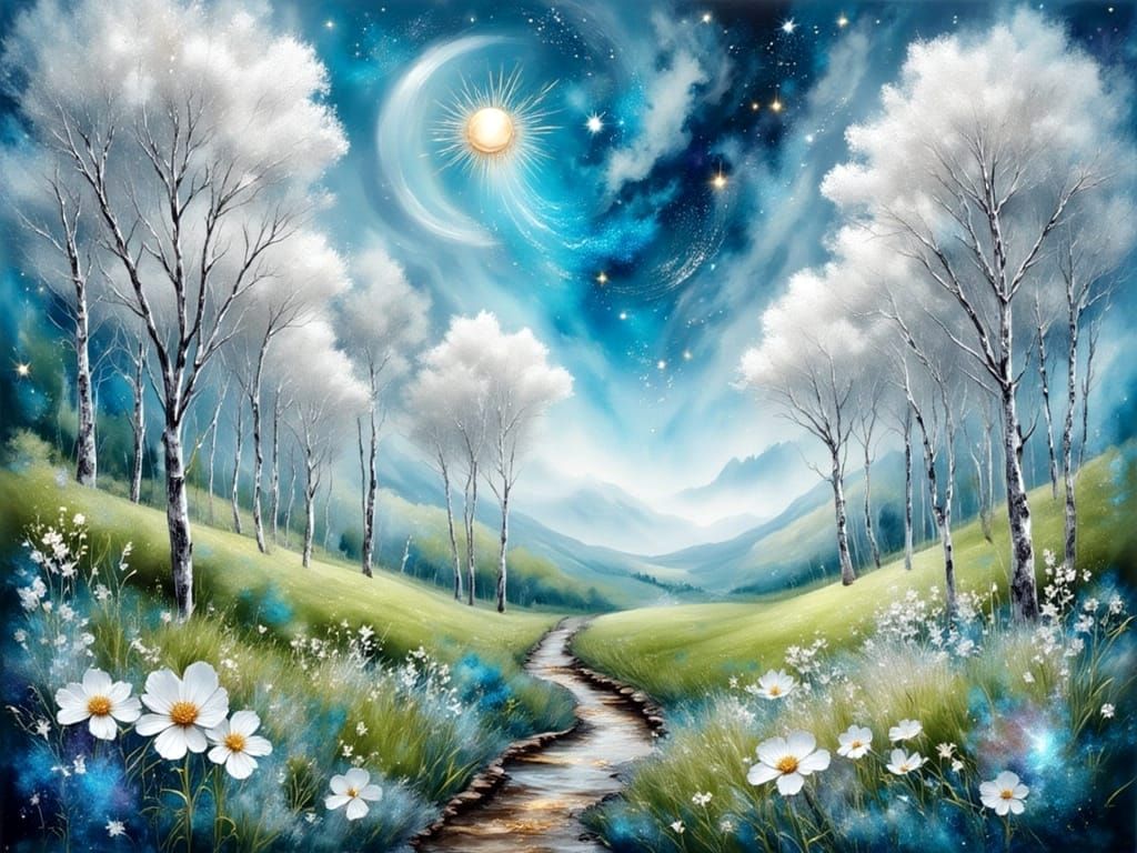 Luminescent Marble Spring Landscape with Floating Orbs