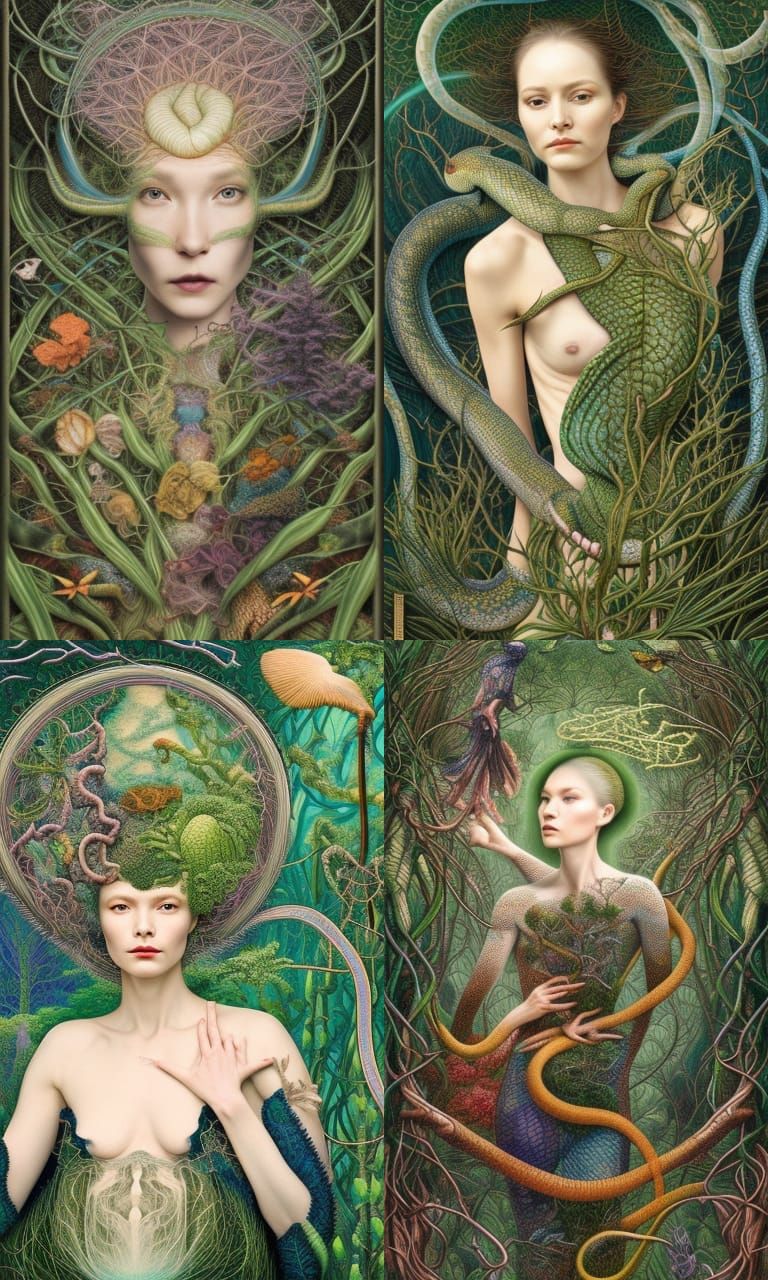 Snake-Human Hybrid in Mycelium Network, Fashion Magazine Art