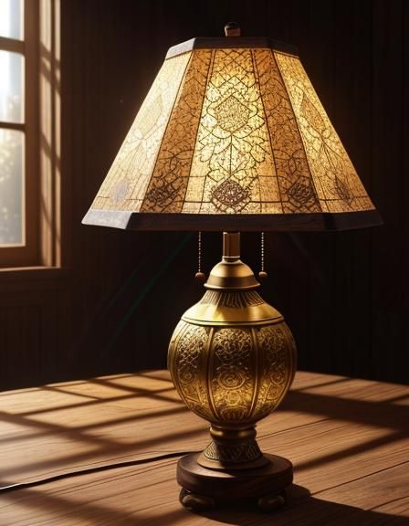 Ornate Lamp on Wooden Table in Macro Photography