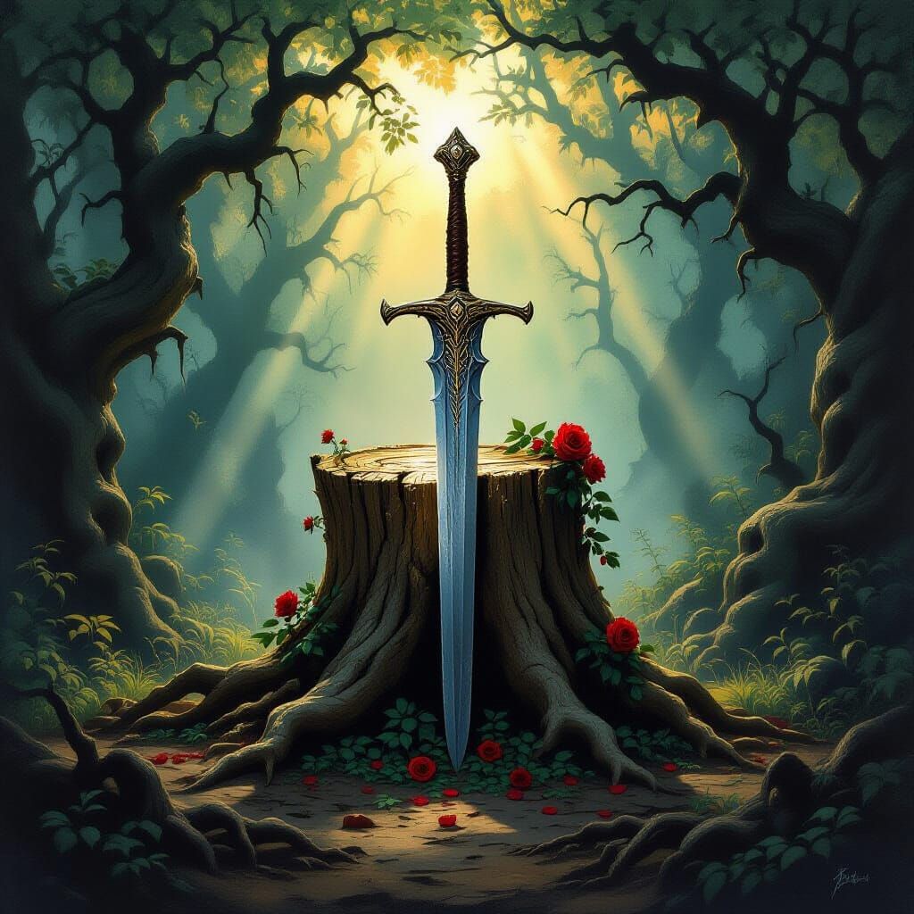 Ancient Tree Stump Sword in Forest Clearing