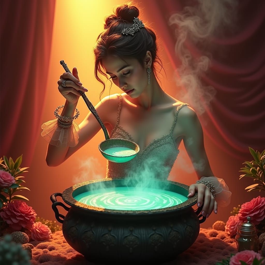 Victorian Woman Serving Turquoise Soup in Matte Painting Sty...