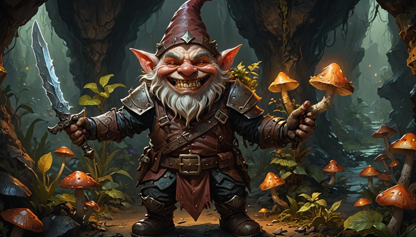 Grotesque Gnome Rogue in Mystical Cave