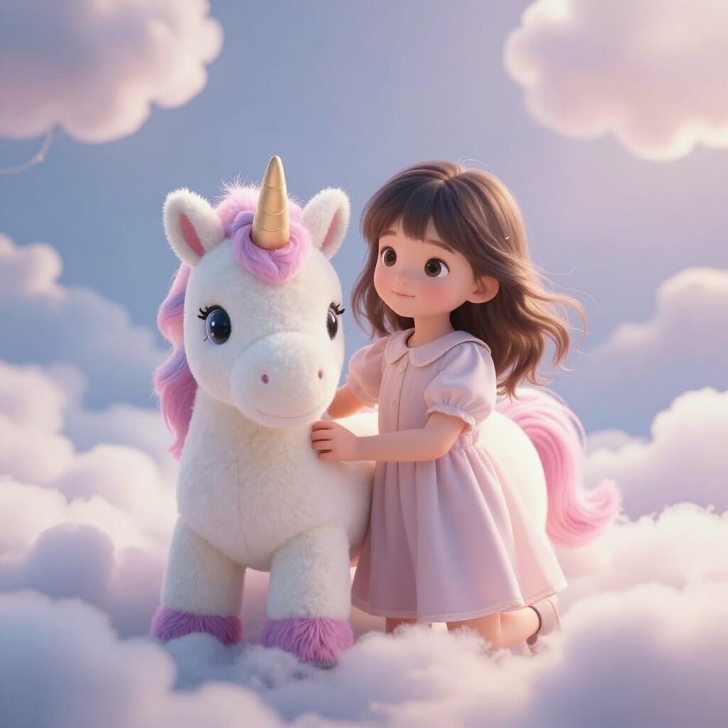 Dreamy Cloudscape With Girl and Plush Unicorn