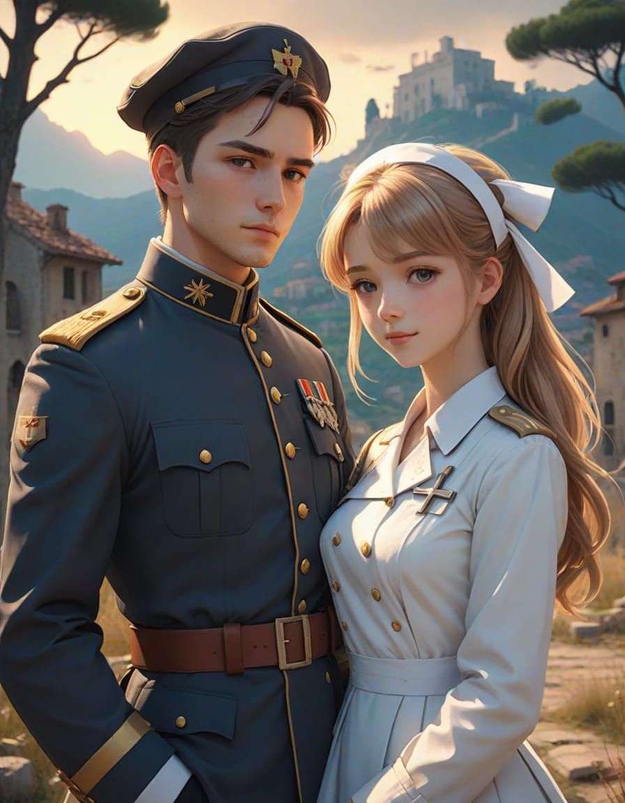 Romantic Moment in a War-Torn Italian Landscape, in Anime St...