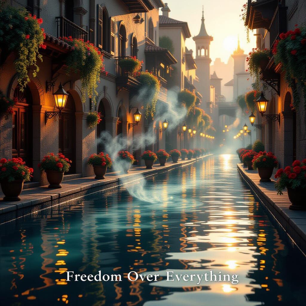 Hyperrealistic Floating City Above Water with Fire Lamps