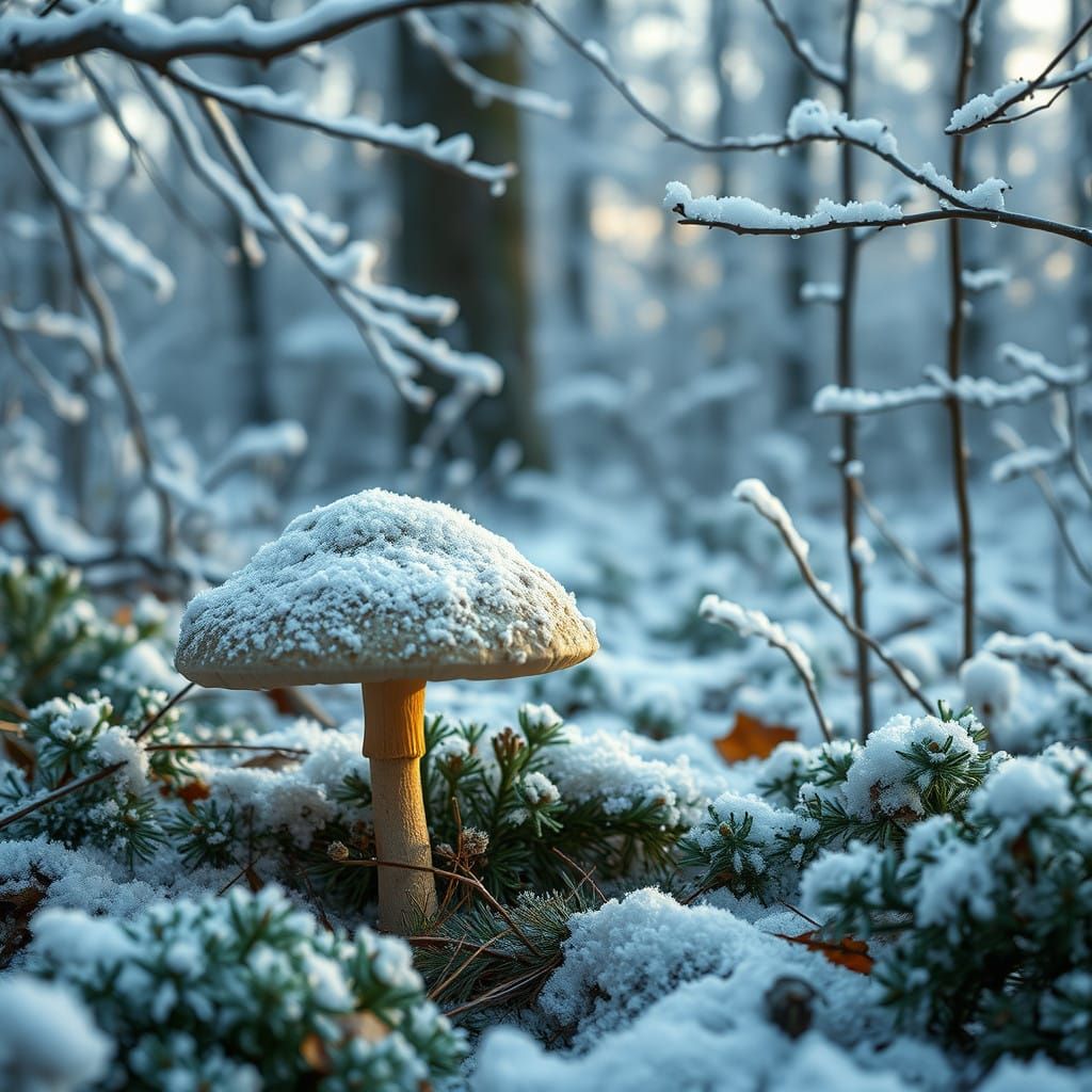 Winter Wonderland with Champignon Bonnet Mushroom in Frosty...