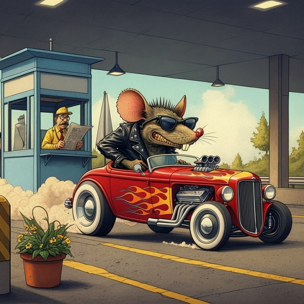 Sleek Hotrod Speeds Past Toll Booth in Classic American Comi...