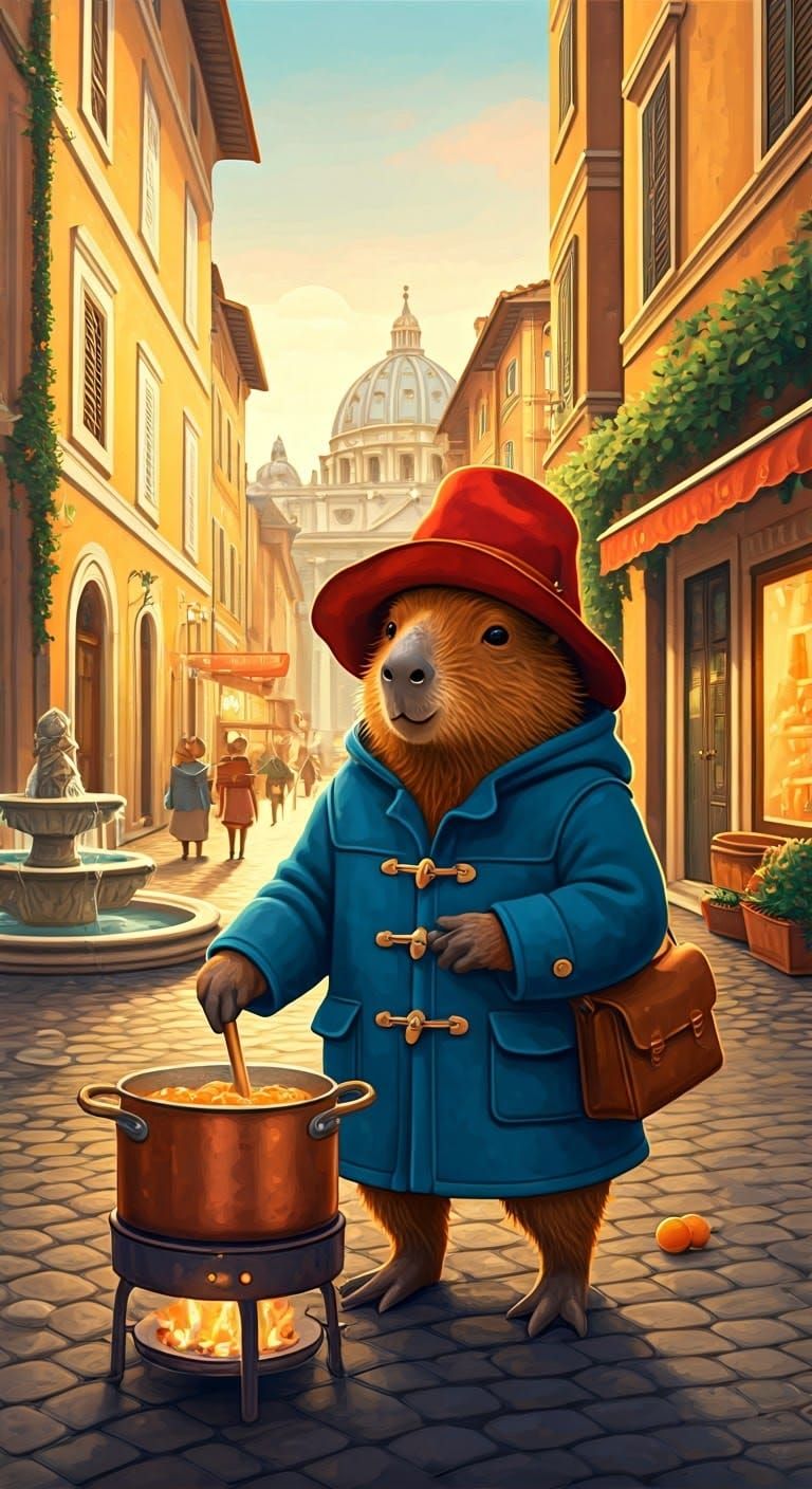 Whimsical Capybara Cooks Mandarin Marmalade in Roman Streets...