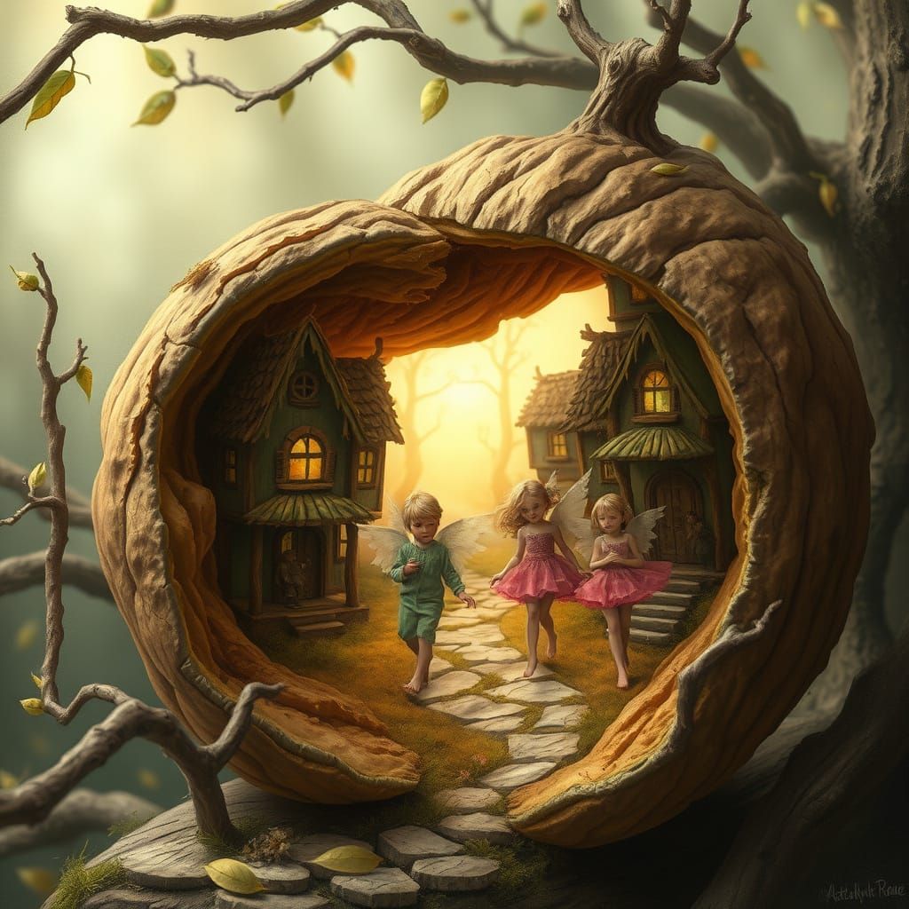 Miniature Village Inside Walnut, Storybook Illustration