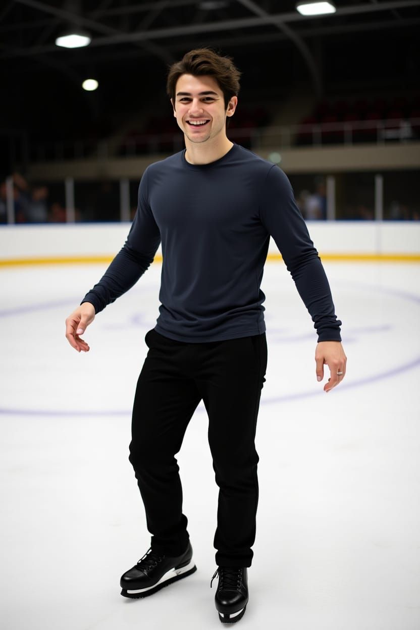 Confident Young Man Skating on Ice Rink