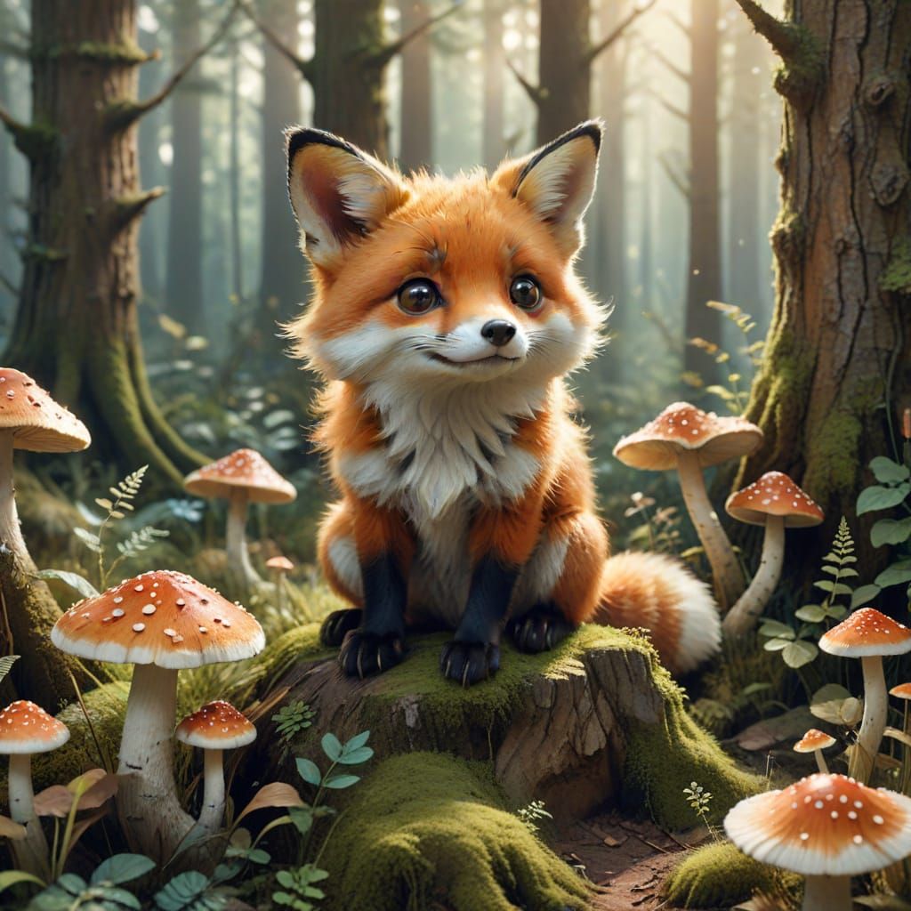 Whimsical Watercolor Portrait of a Tiny Fox in a Forest