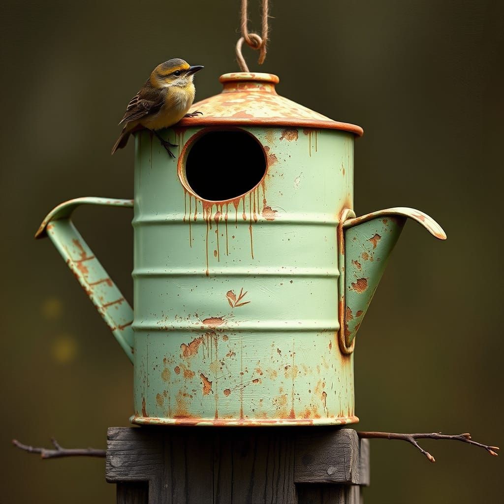 Rustic Birdhouse in Watering Can, Earthy Tones