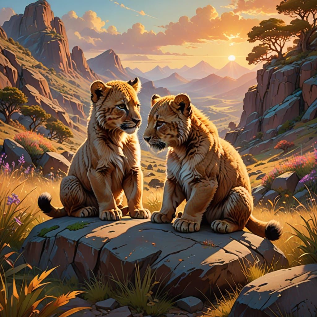 Savanna Cubs Play in Warmth and Light