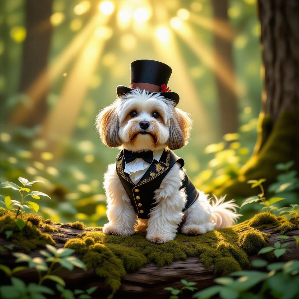 Havanese Dog in Top Hat on Forest Log, Impressionist Style