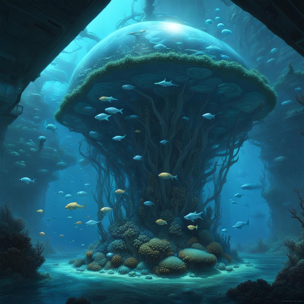 Bioluminescent Cyberpunk Atlantis in the Mariana Trench