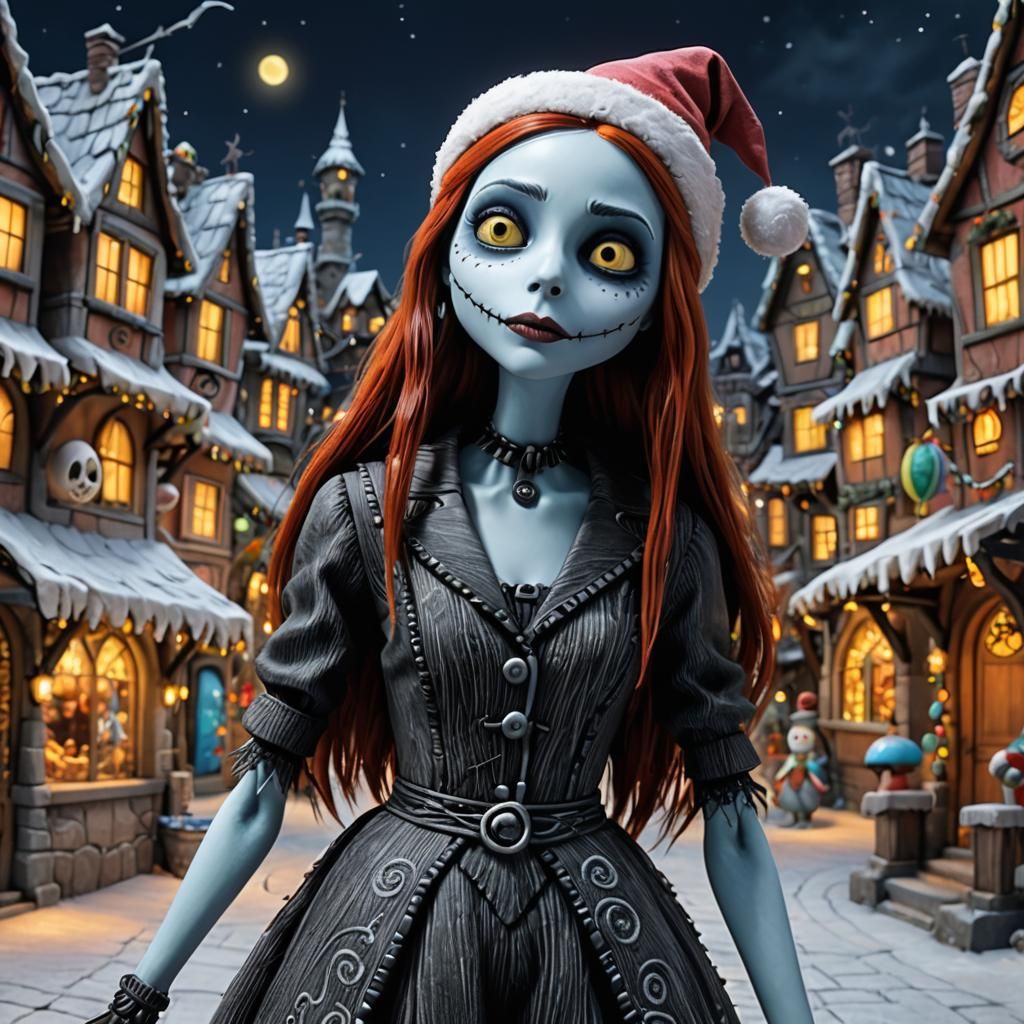 Hyperrealistic Sally in Christmas Town Scene