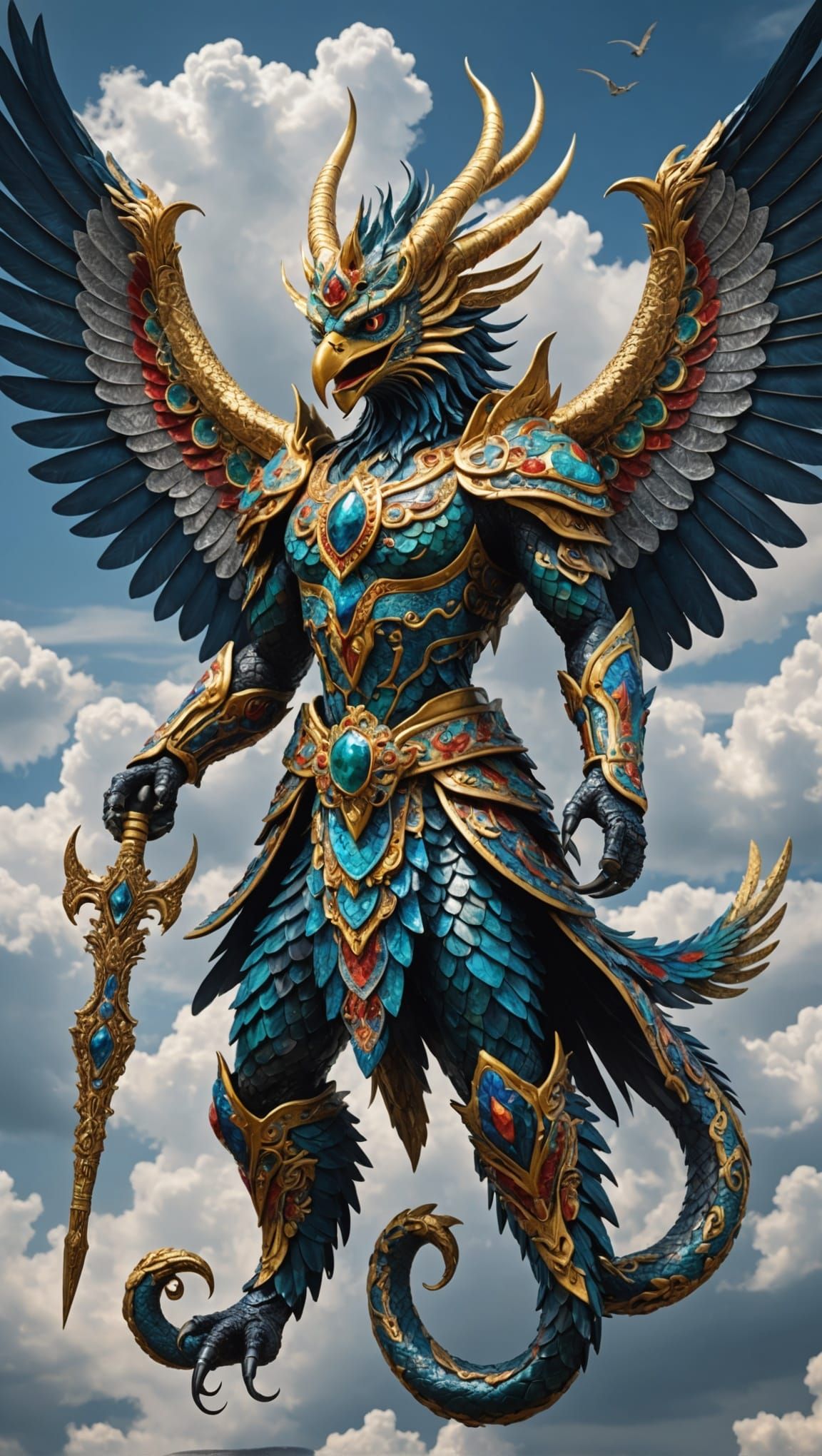 Garuda Battles Snake in Crystal Forest, Dark Fantasy Art