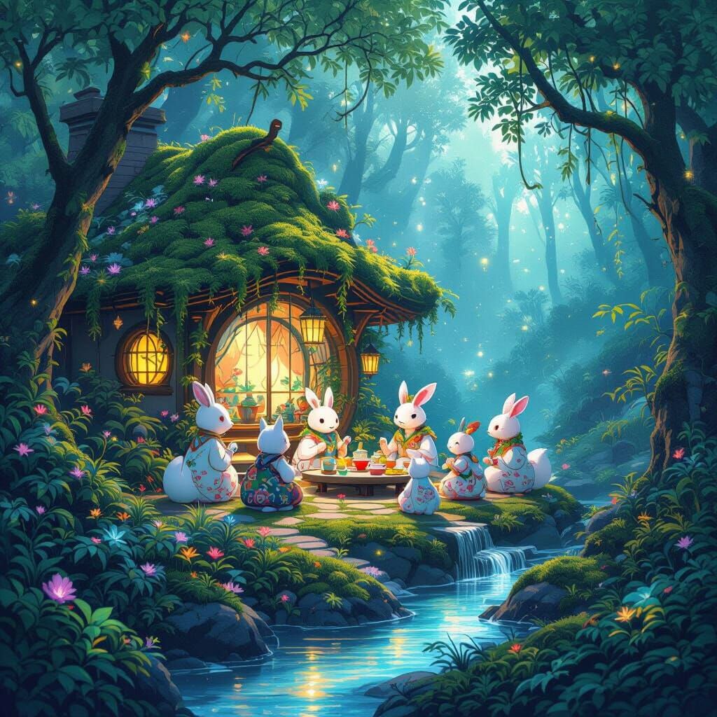Enchanted Tea Party in Bioluminescent Forest