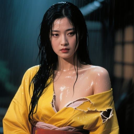 Dramatic Japanese Woman in Torn Kimono, Cinematic Film