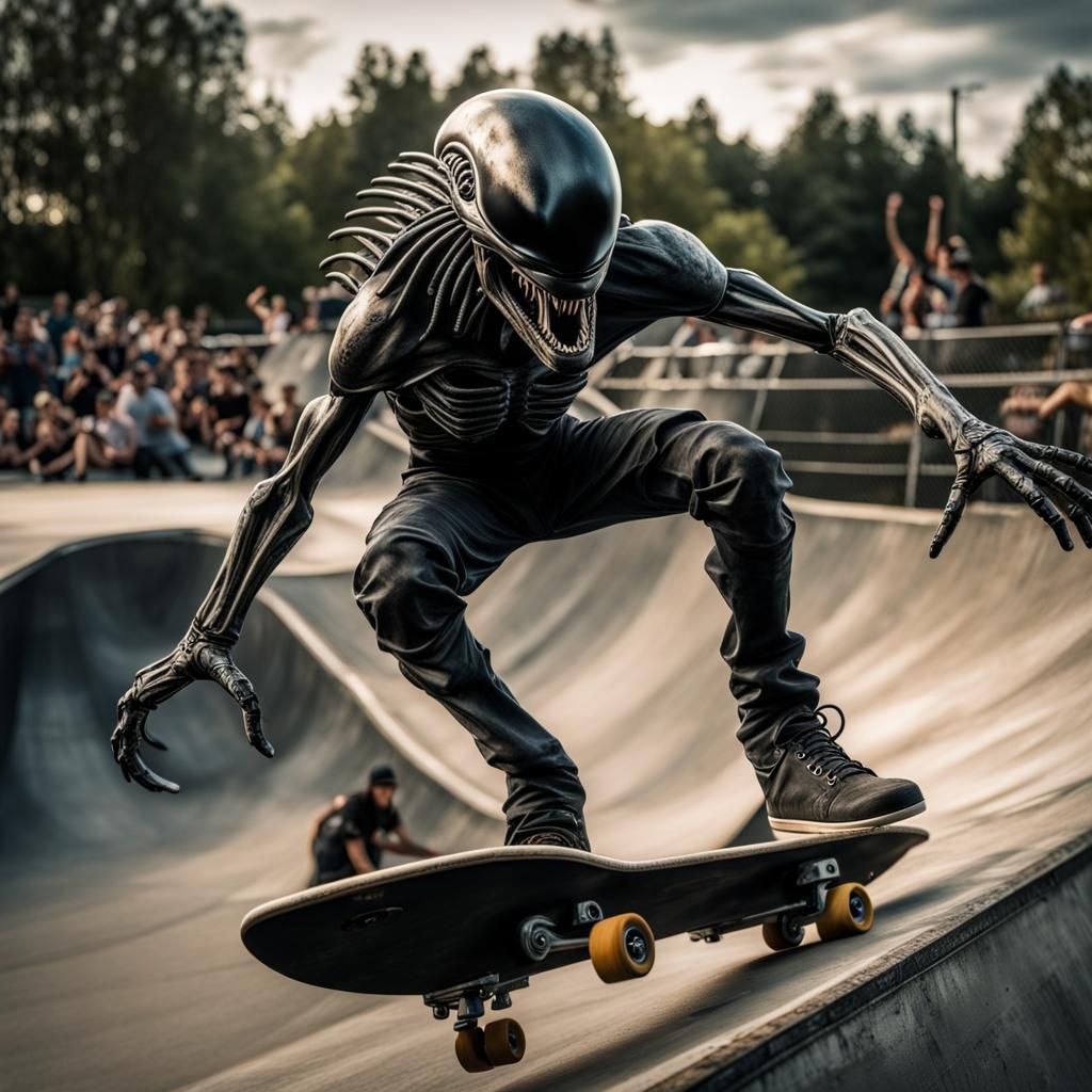 Xenomorph Alien Shreds at Skatepark in Geiger Style