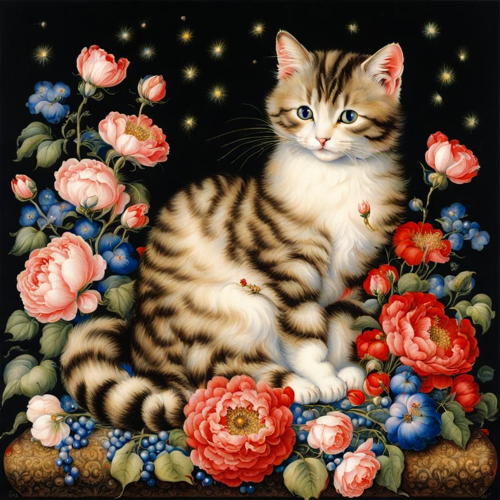 Cute Cat Surrounded by Flowers in Elizabethan Miniature Styl...